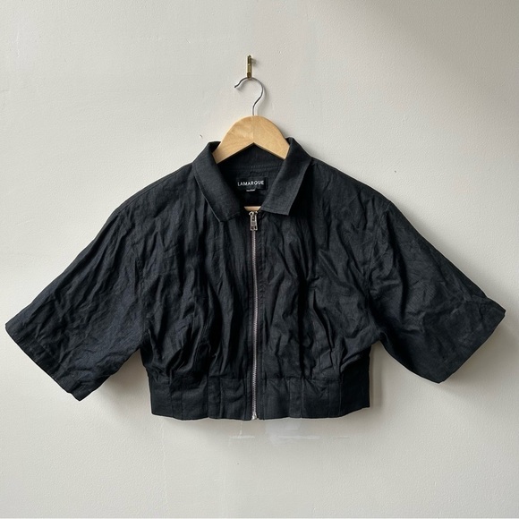 LAMARQUE Black Zip Linen Collared Crop Top Size S - Picture 1 of 7